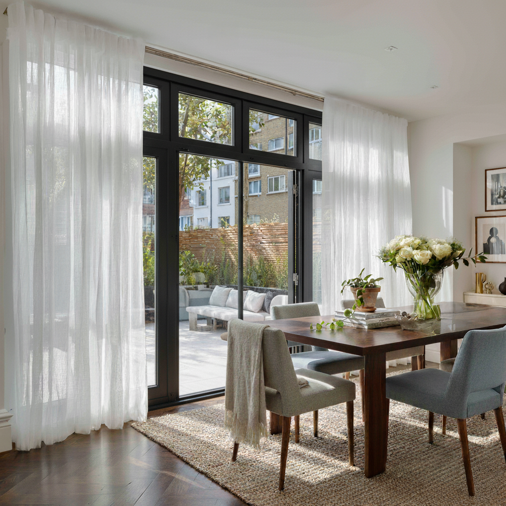 White Voile Linen Back Tab Curtains for Bifold Doors