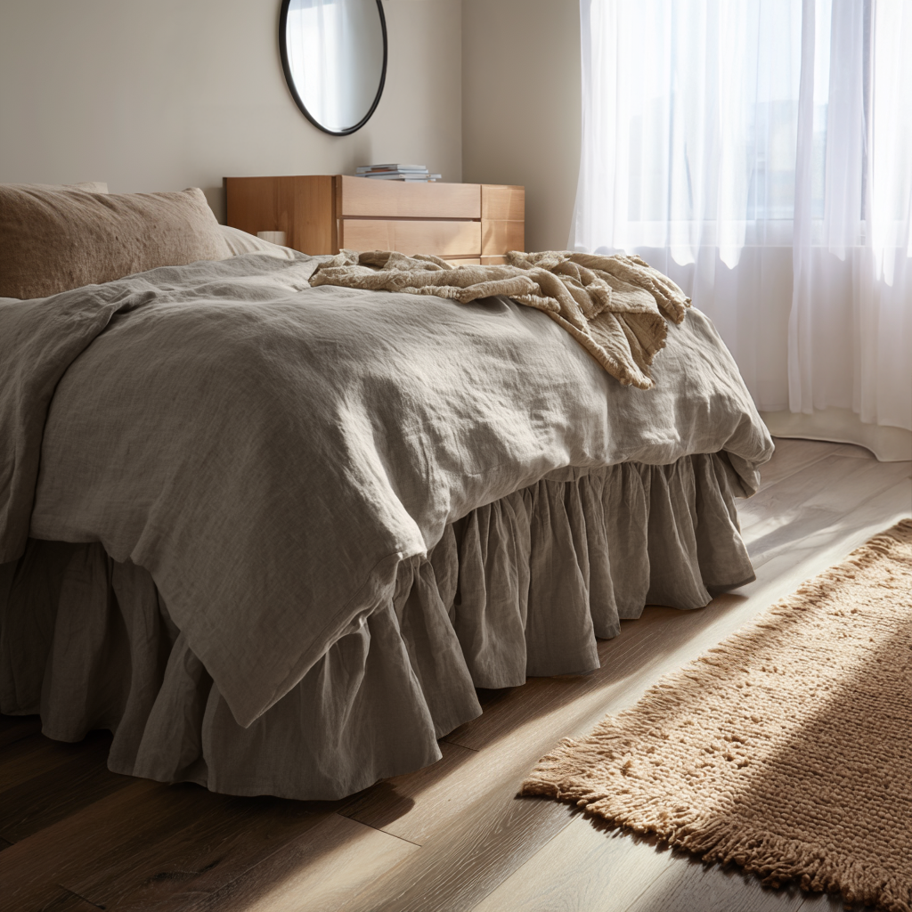 Natural Heavy Weight Linen Bed Skirt Valance with Gathered Ruffles