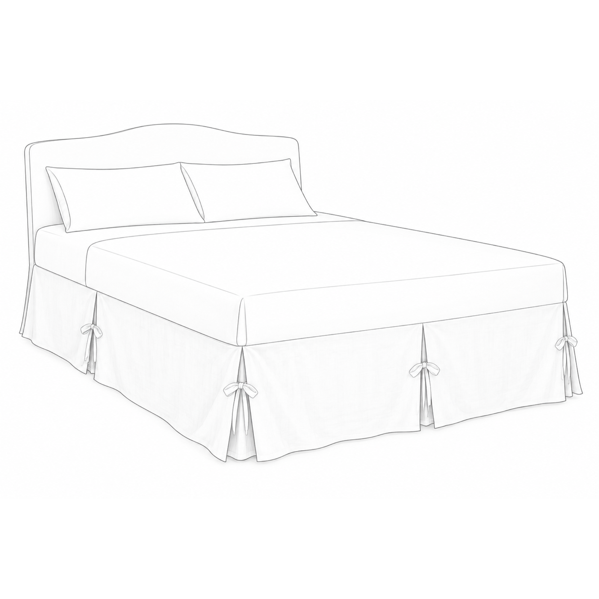 3 pleats on foot of the bed and one on every side with ties