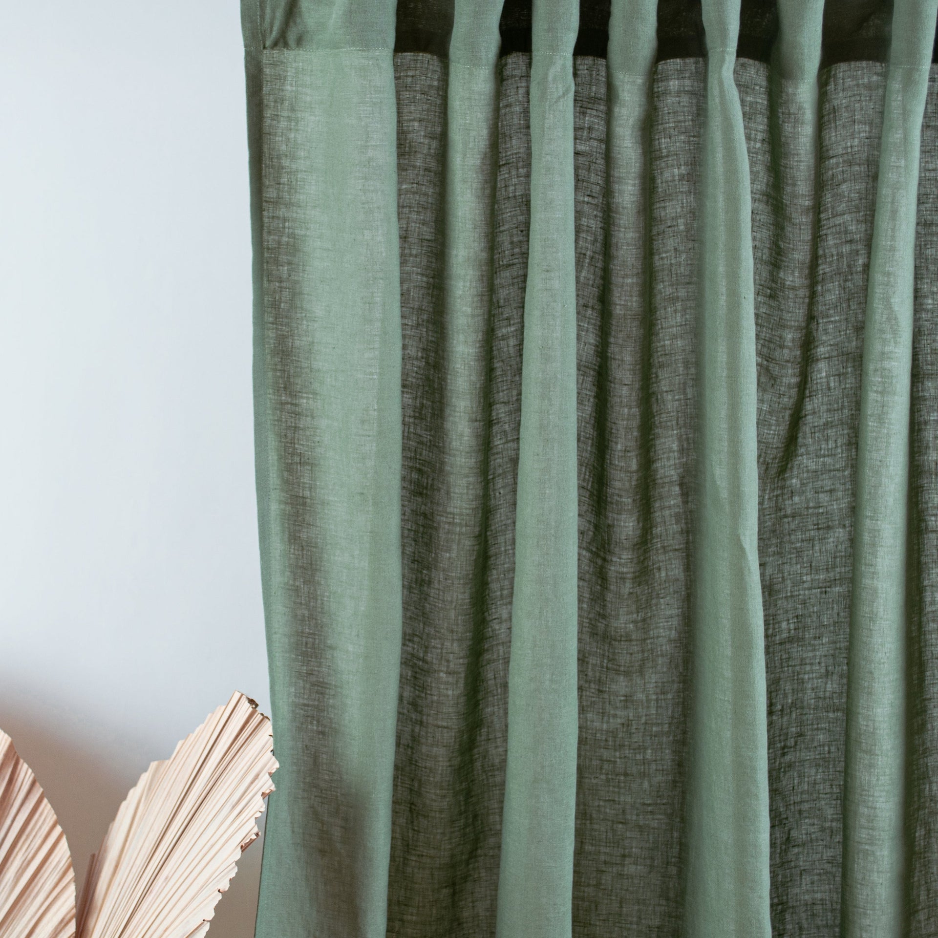 Green Linen Back Tab Curtain With Cotton Lining, Color: Asparagus