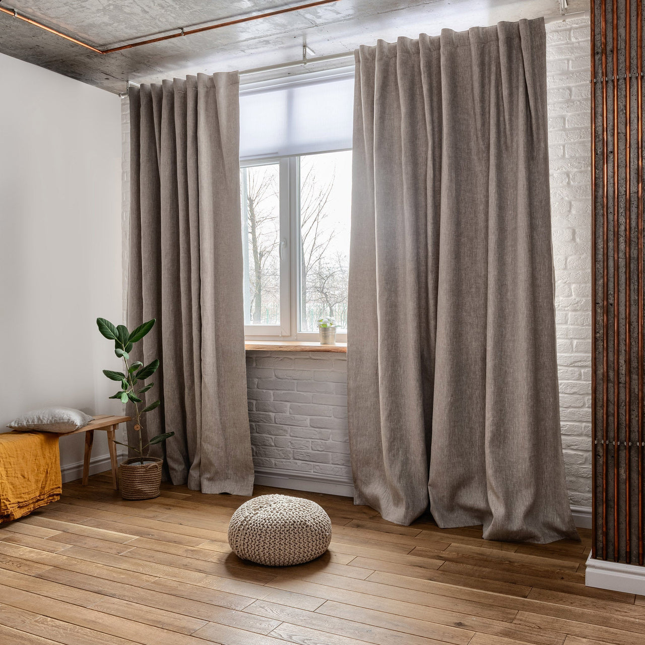 Linen Back Tabs Curtains with Blackout - 124, 138 or 250 cm Width, Custom Length - Natural Linen Oatmeal/White/Grey Colours