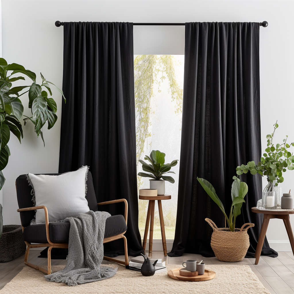 Black Linen Rod Pocket Curtain with Blackout Lining - Custom Sizes And Colours