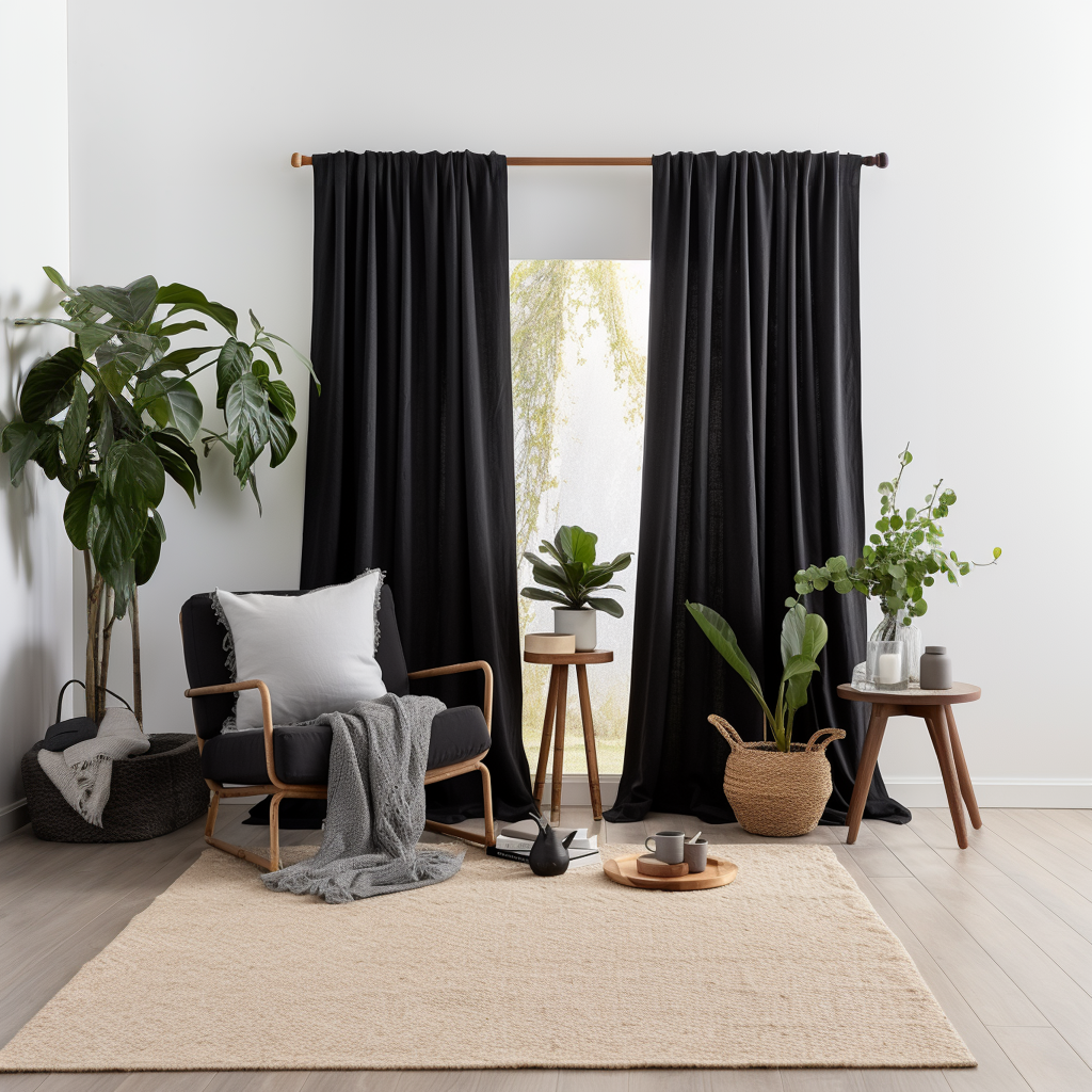 Black Linen Rod Pocket Curtain with Blackout Lining - Custom Sizes And Colours