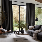 Black Thermal Insulated Total Blackout Linen Curtain With Back Tabs - Custom Width and Length, Color: Black