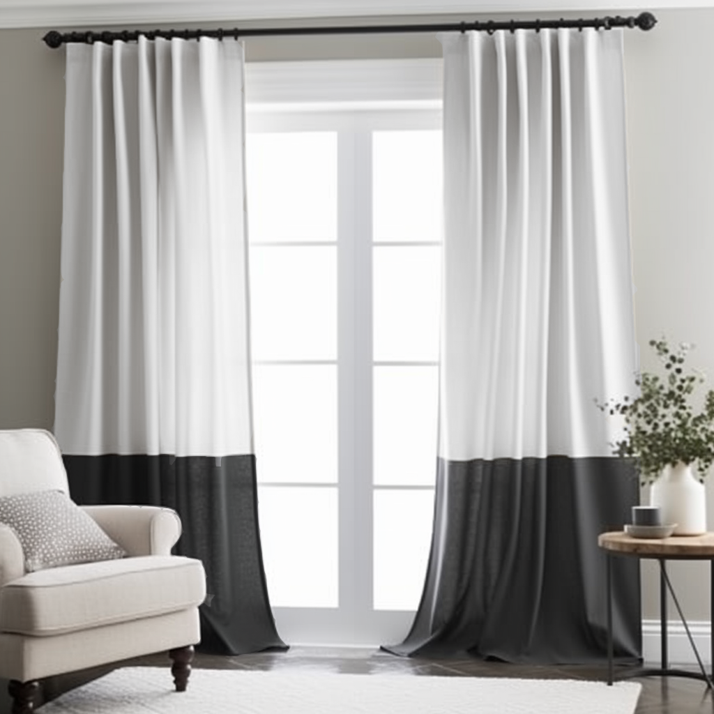 Black and White S-Fold Linen Curtain Panel with Cotton Lining - Custom Width and Length