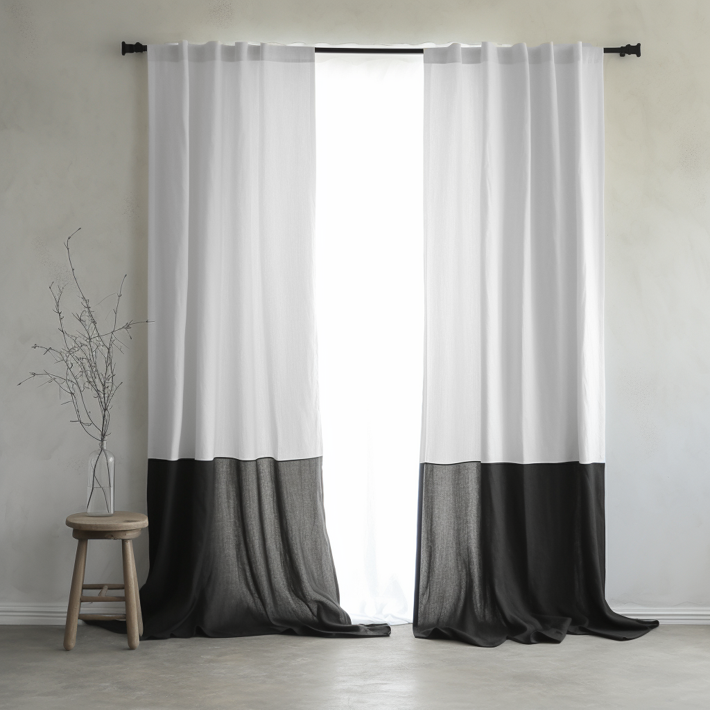 Black and White Color Block Back Tab Linen Curtain Panel - Custom Width and Length