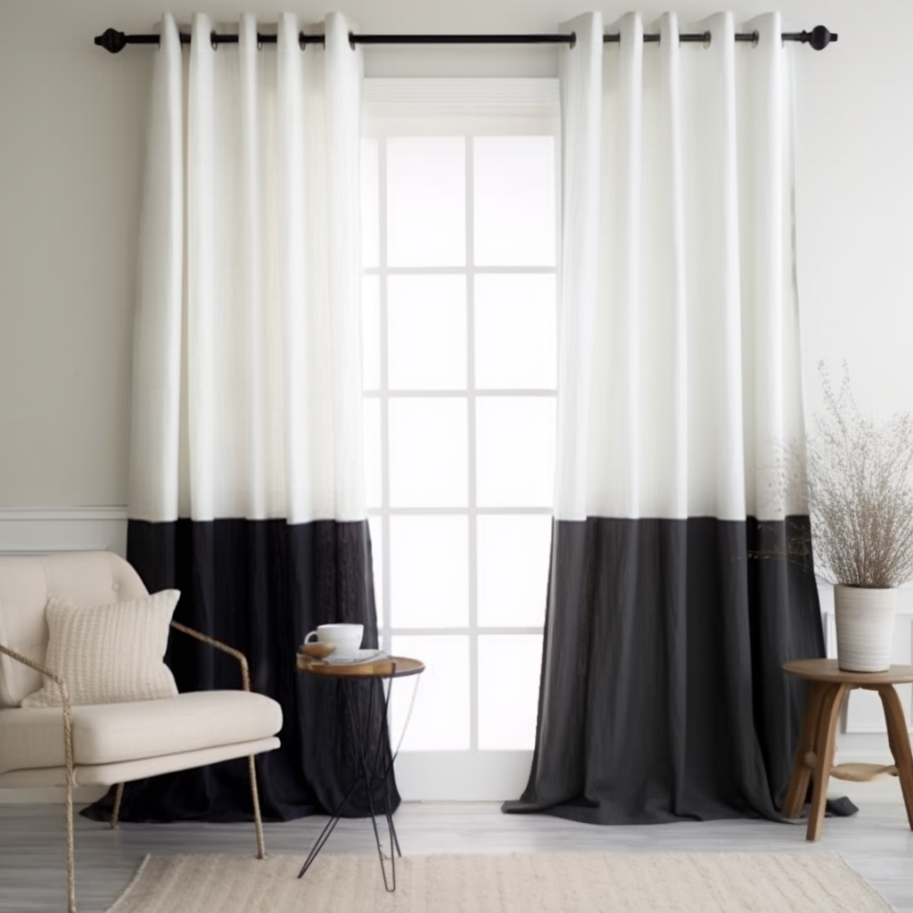 Eyelet Black and White Colour Block Linen Curtain Panel with Cotton Lining - Custom Width and Length