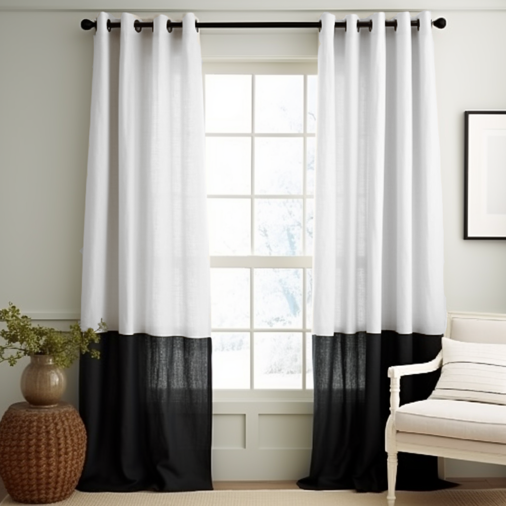 Eyelet Black and White Color Block Linen Curtain Panel - Custom Width and Length
