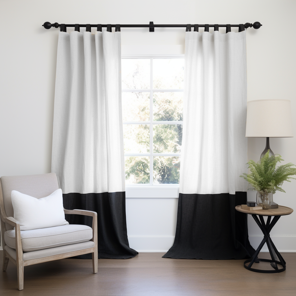 Black and White Color Block Tab Top Linen Curtain Panel with Cotton Lining - Cusom Width and Length
