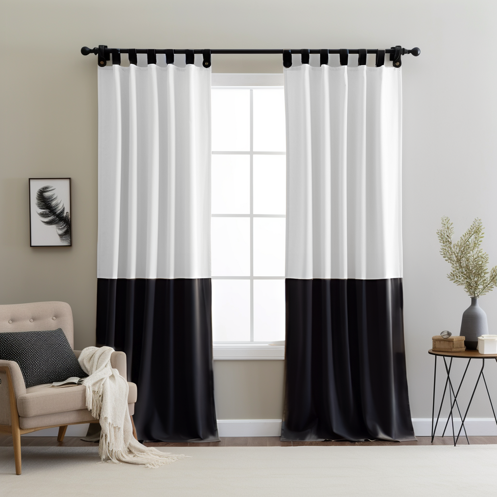 Black and White Colour Block Tab Top Linen Curtain Panel with Blackout Lining - Cusom Width and Length