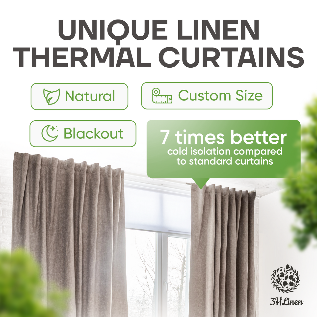 Thermal Linen Curtains – Blackout Lining – With Back Tabs or Heading for Ceiling Track