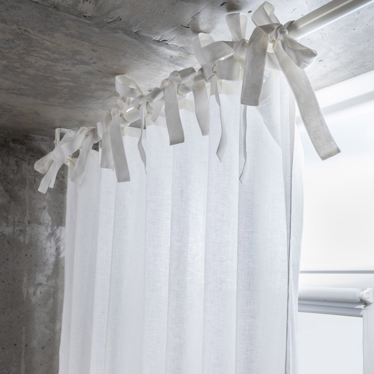 White Linen Curtain Panel - Custom Width, Custom Length - Tie Top Heading, White Colour