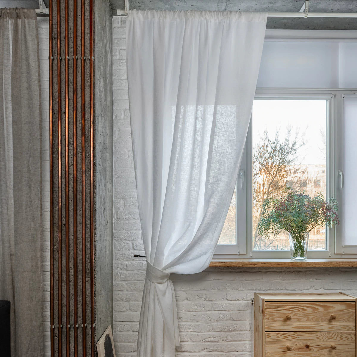 Linen Curtain with White Cotton Lining and Pole Pocket