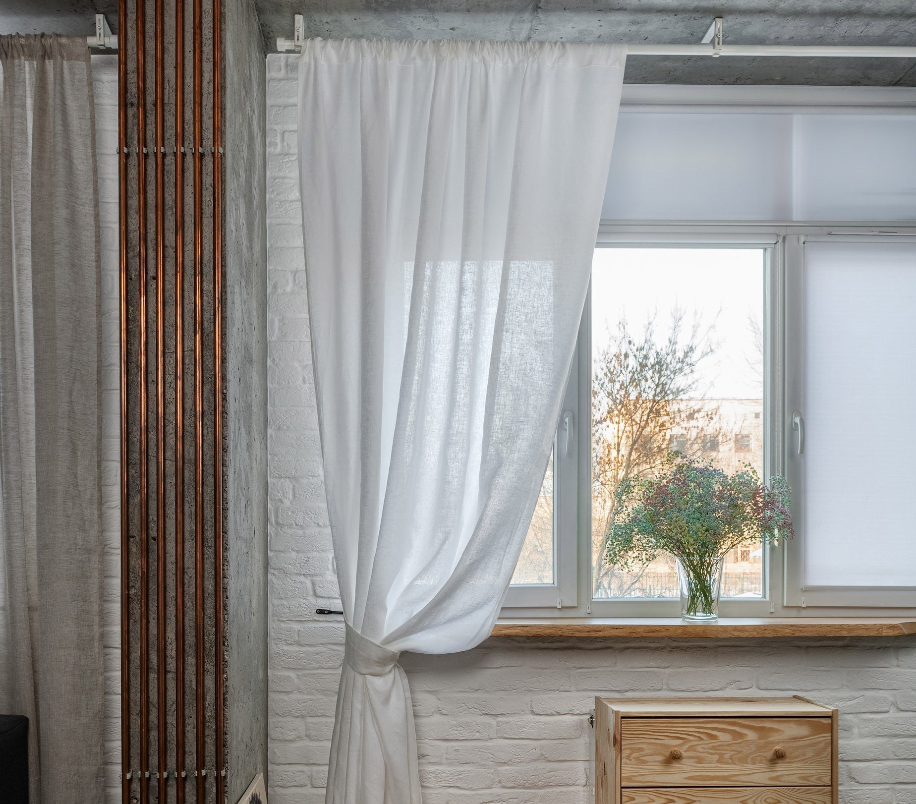 White Rod Pocket Linen Curtain Panel - Custom Width, Custom Length