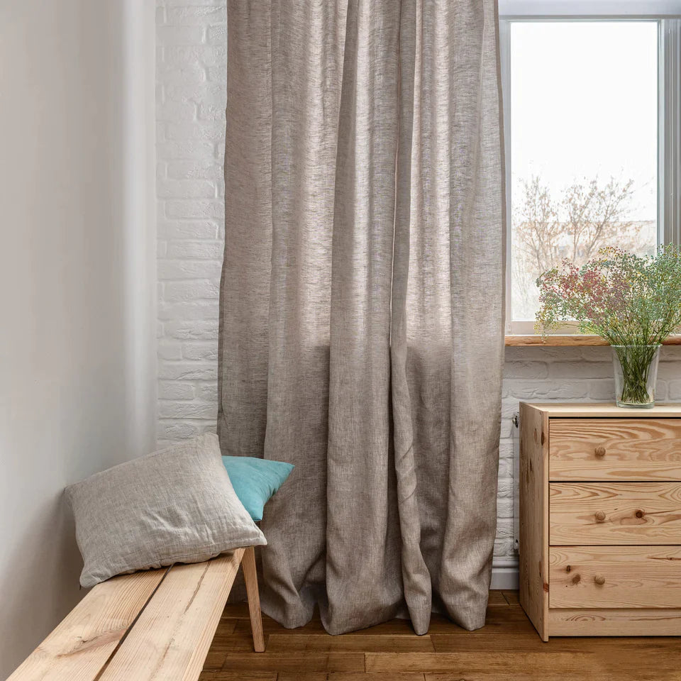 Linen Curtain with White Cotton Lining and Back Tabs - Privacy Linen Drapery Custom Width - Hidden Tabs, Color: Natural