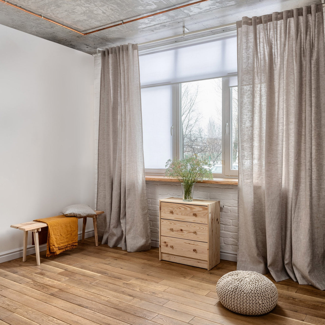 Natural Linen Back Tab Curtain Panel - 124, 138 or 250 cm Width, Custom Length