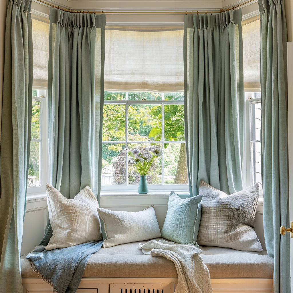 Aquamarine Blue Euro Pleat Linen Bay Window Curtain Panel - Heading for Rings and Hooks