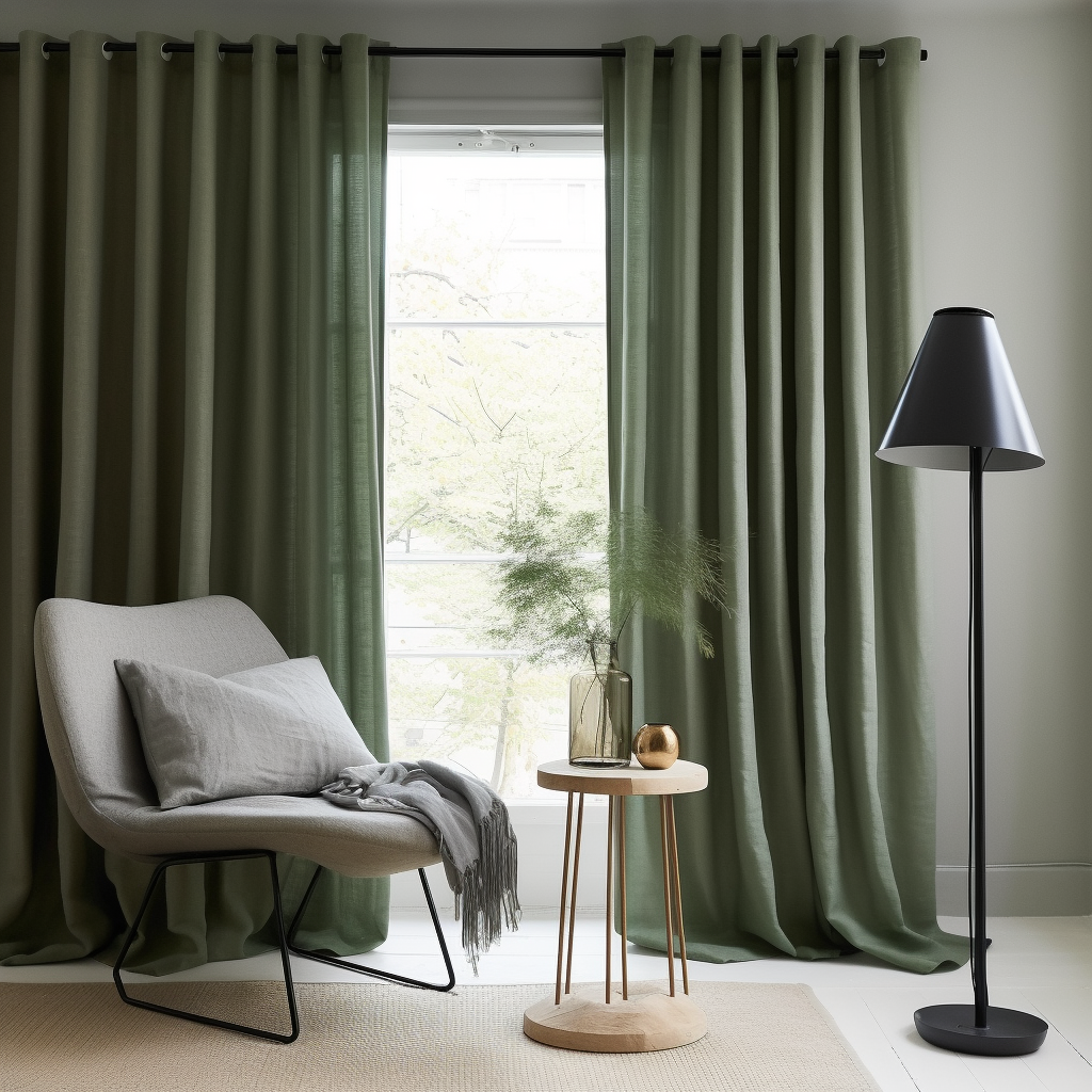 Eyelet Sage Green Linen Curtain Panel with Cotton Lining - Grommet Curtains