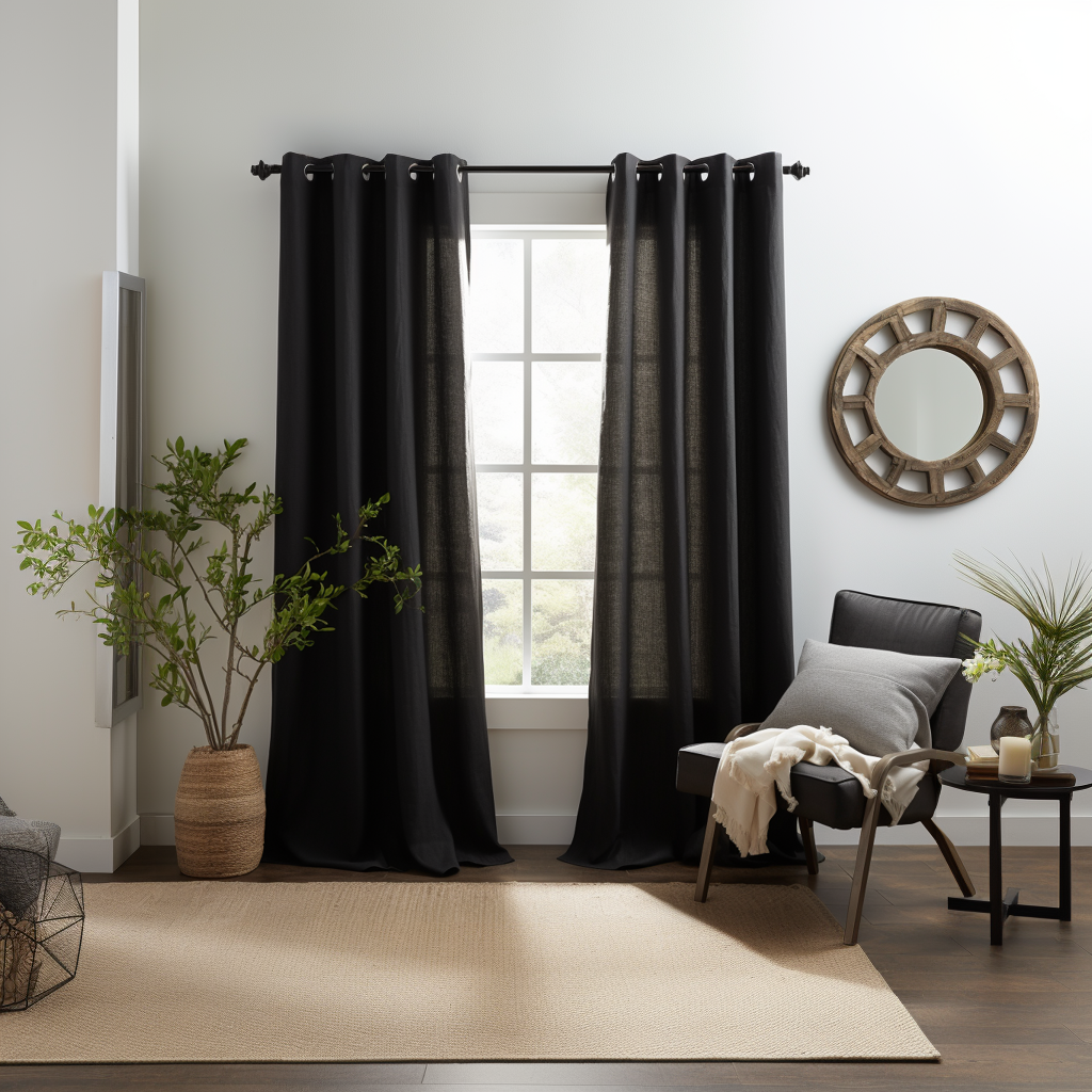 Eyelet Top Black Linen Curtain Panel - Grommet Window Treatments - Natural 100% Linen Drapery