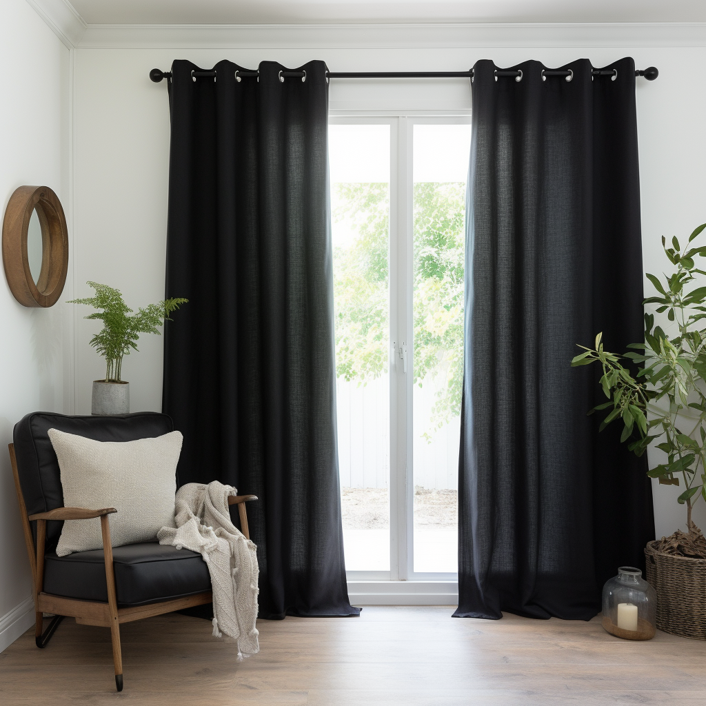 Eyelet Top Black Linen Curtain Panel with Cotton Lining - Linen Window Treatments - Grommet Top Drapes