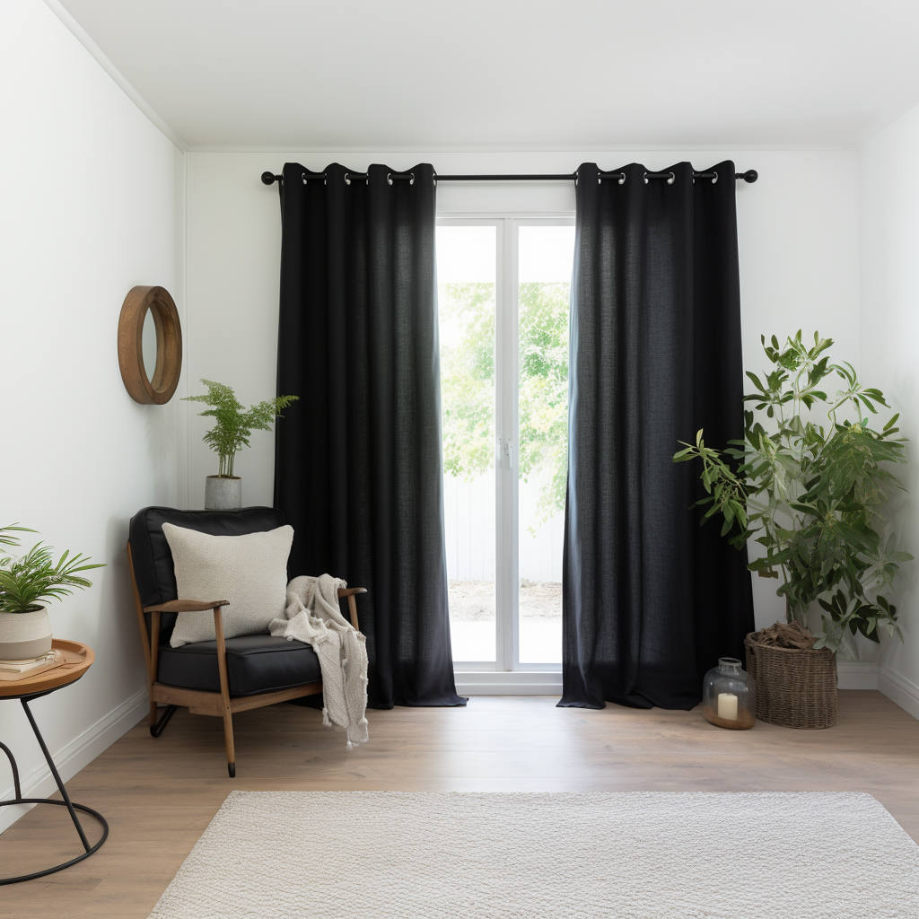 Eyelet Top Black Linen Curtain Panel with Cotton Lining - Linen Window Treatments - Grommet Top Drapes