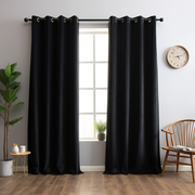 Eyelet Top Black Linen Curtain Panel with Blackout Lining - Grommet Top Drapes