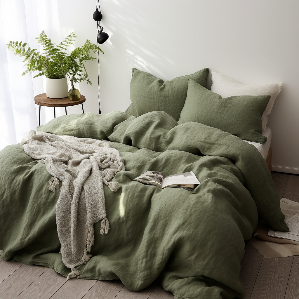 Luxury Belgian Linen Duvet Cover - Zipper or Buttons - King, Single, Double, Superking, Emperor Sizes, Colour: Asparagus