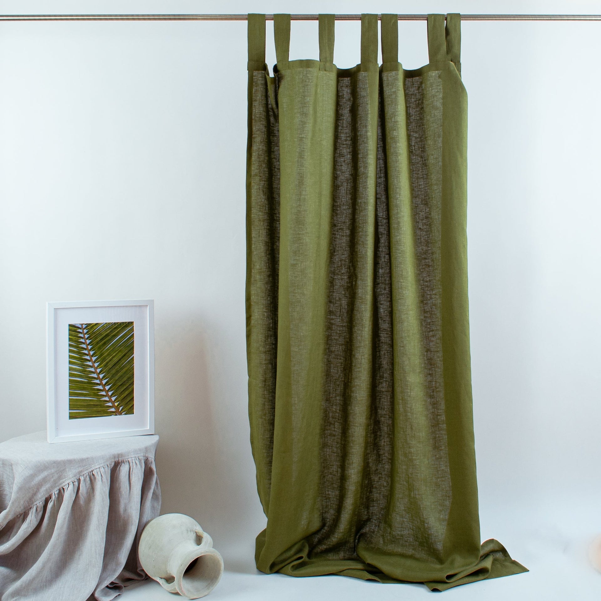 Green Linen Tab Top Curtain Panel With Privacy Cotton Lining, Moss Green Colour