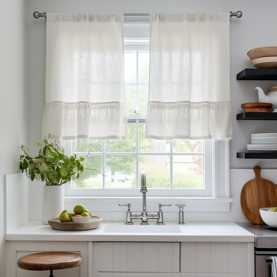 Natural Linen Cafe Curtains with Strape - Kitchen Linen Valance - Vari
