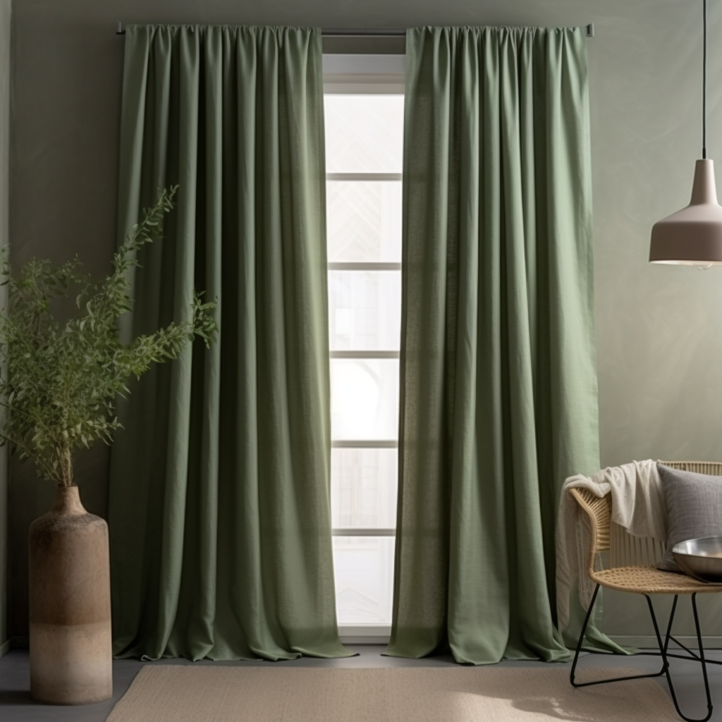 Sage Green Rod Pocket Linen Curtain with Cotton Lining - Custom Width, Custom Length