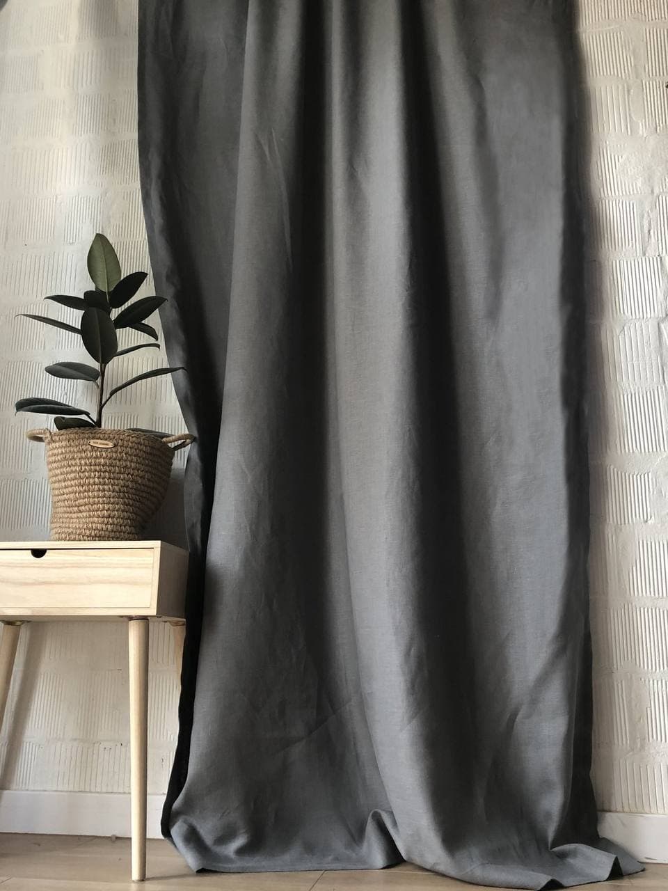 Solid Rod Pocket Single Flax Linen Curtain Panel with Blackout Lining - Room Darkening Lined Panels - Ruffled Header and Easy Installation