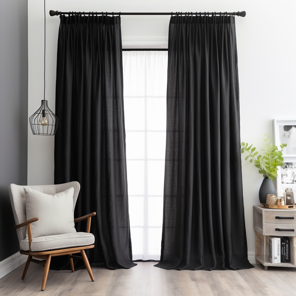 Black Pencil Pleat Linen Curtain Panel - Custom Lining - Custom Width and Length