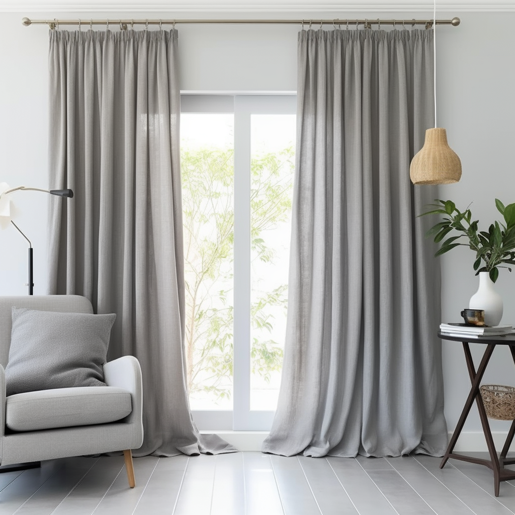 Grey Pencil Pleat Linen Curtain Panel - Custom Lining - Custom Width and Length