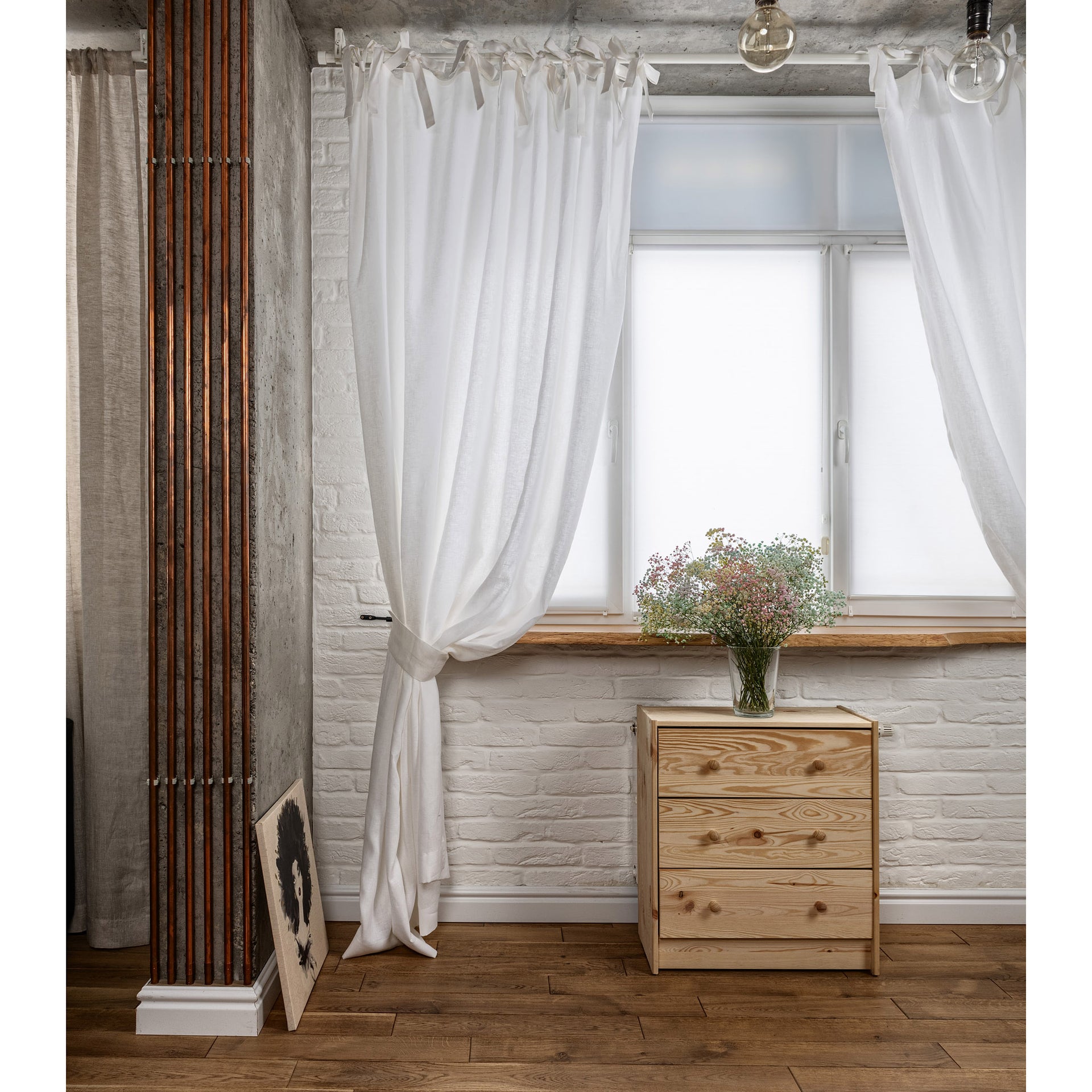 Linen Curtain with White Cotton Lining and Tie Top