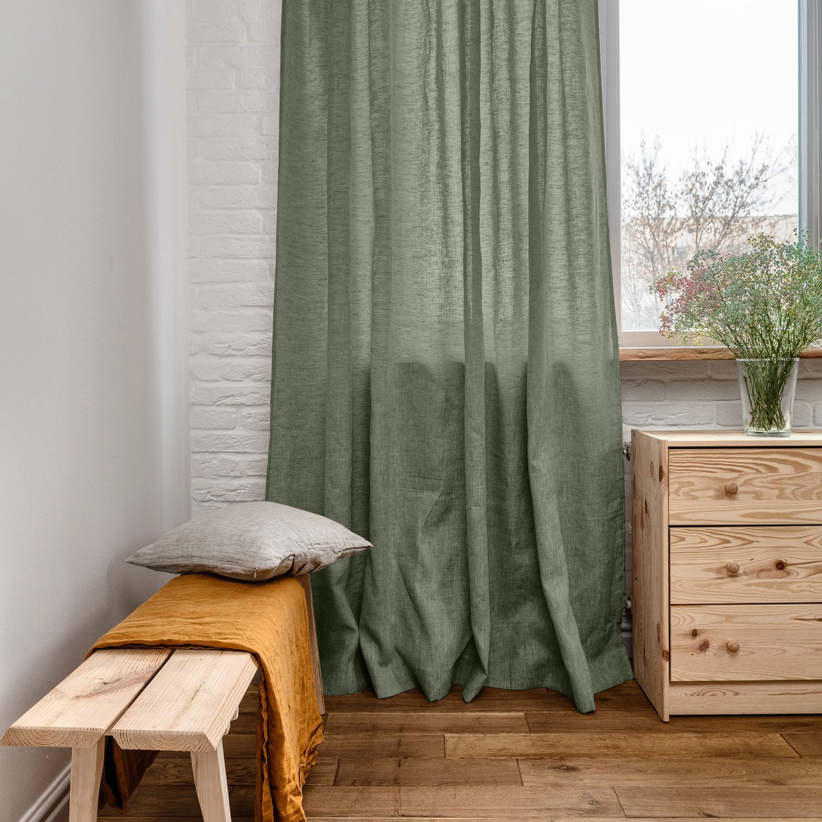 On Sale Set of 2 Linen Curtains with Pencil Pleat Heading -138X230 cm -  in White or Asparagus Green Color
