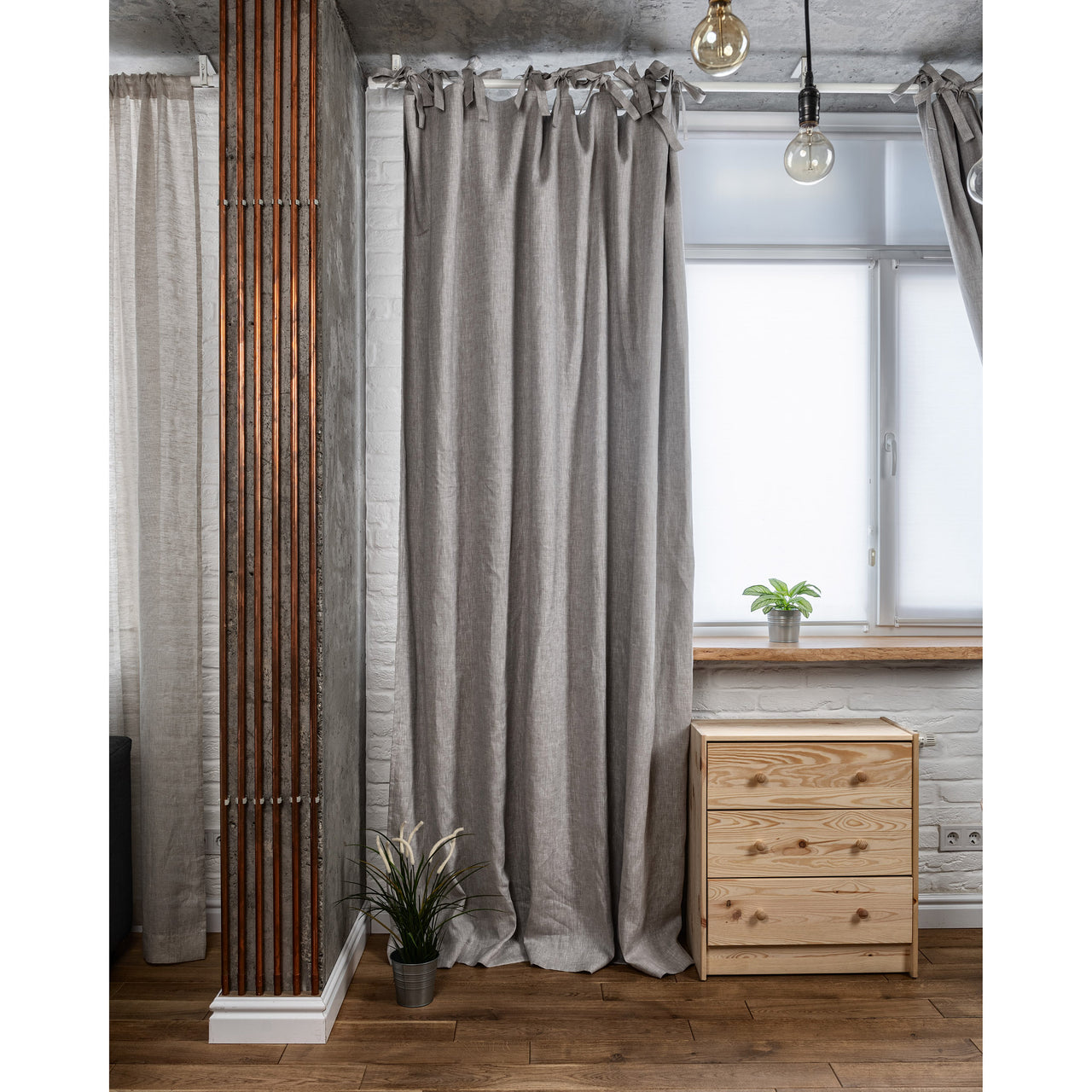 Linen Top Tie Curtain Panel with Blackout Lining - 124, 138 or 250 cm Width, Custom Length - Natural Linen Oatmeal/White/Grey Colours