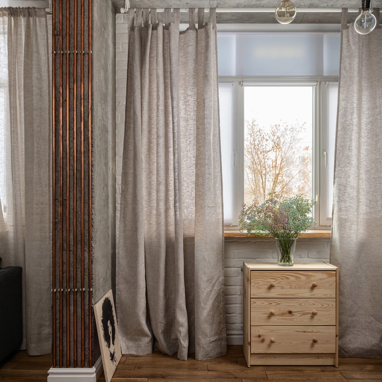 Linen Tab Top Curtain Panel - 124, 138 or 250 cm Width, Custom Length - Natural Linen Oatmeal/White/Grey Colours