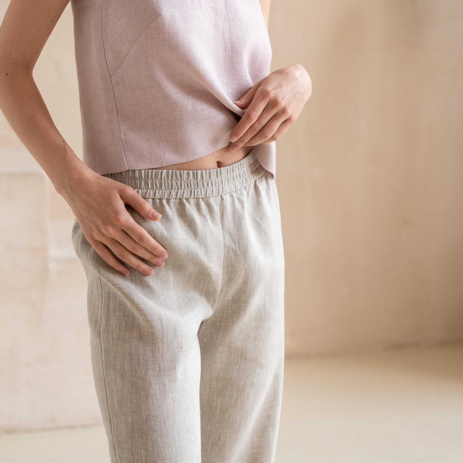 Linen Women Trousers Wide Waistband - Elastic Waist and Wide Leg -  Available in Green, Blue, Black, Rose Colours