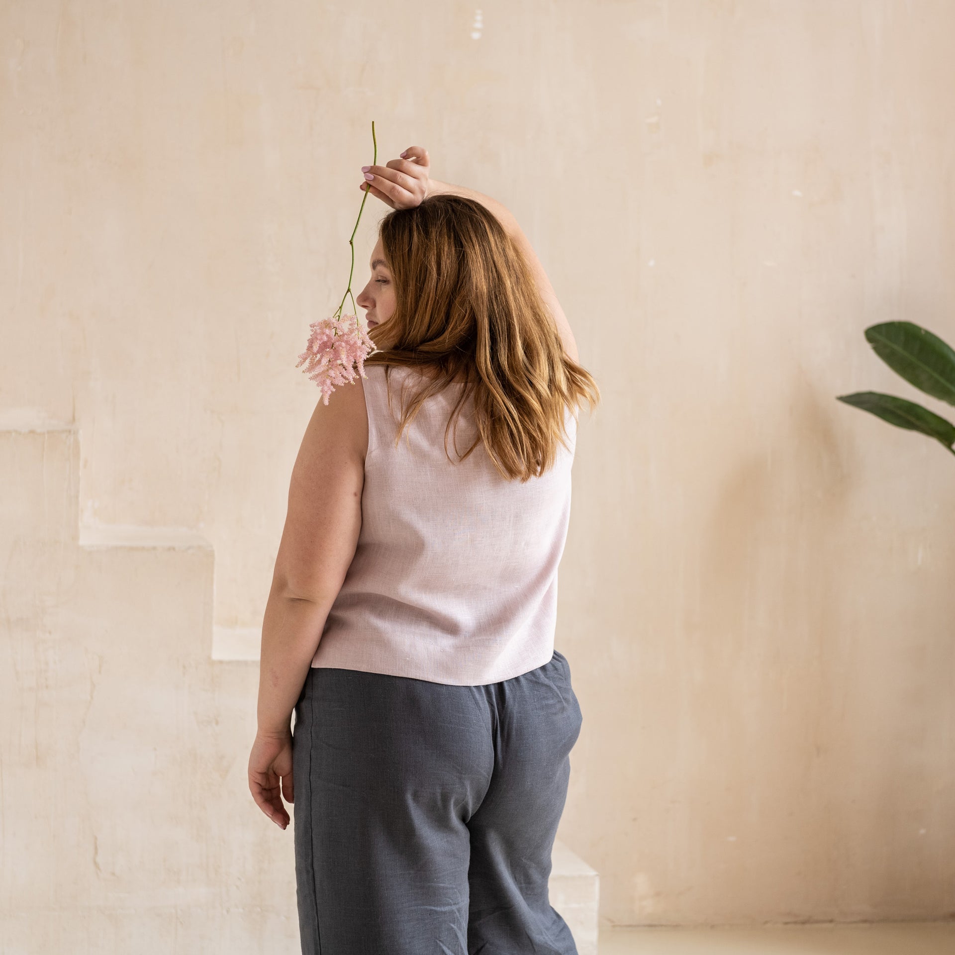 Linen High Waisted Trousers - Elastic Waistband - Washed Linen Fabric