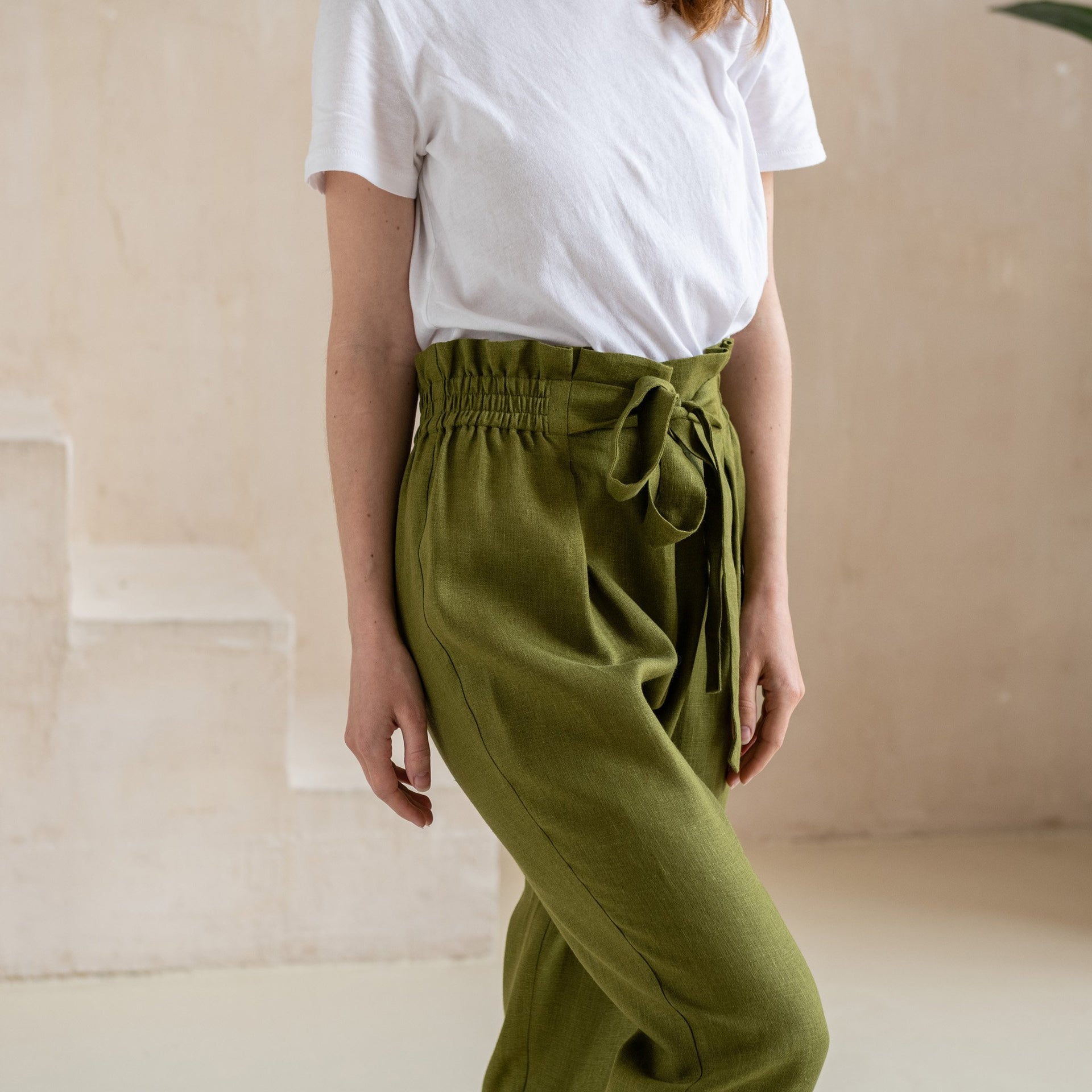 Paper Bag High-Waisted Linen Pants - with Elastic Waist and Belt