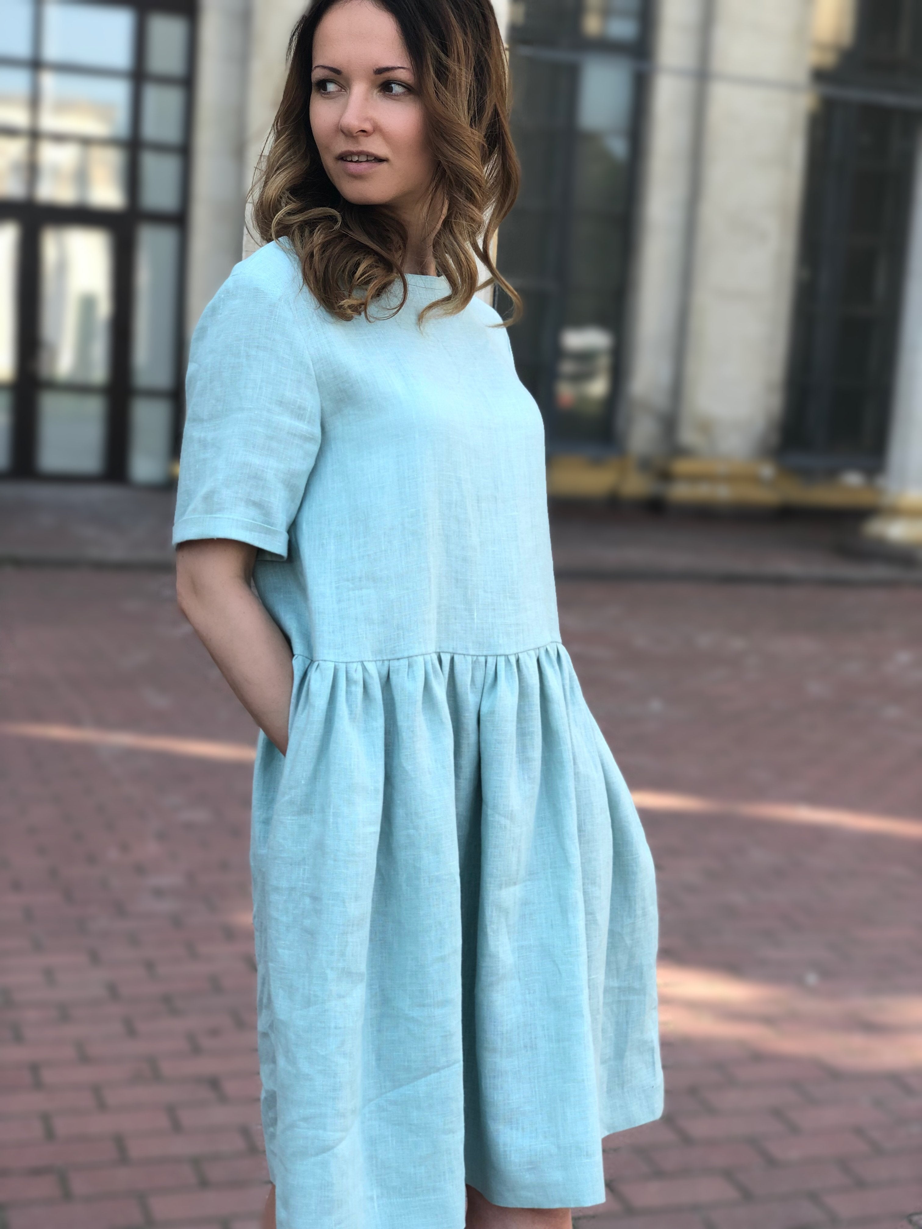 Blue linen hotsell dress uk