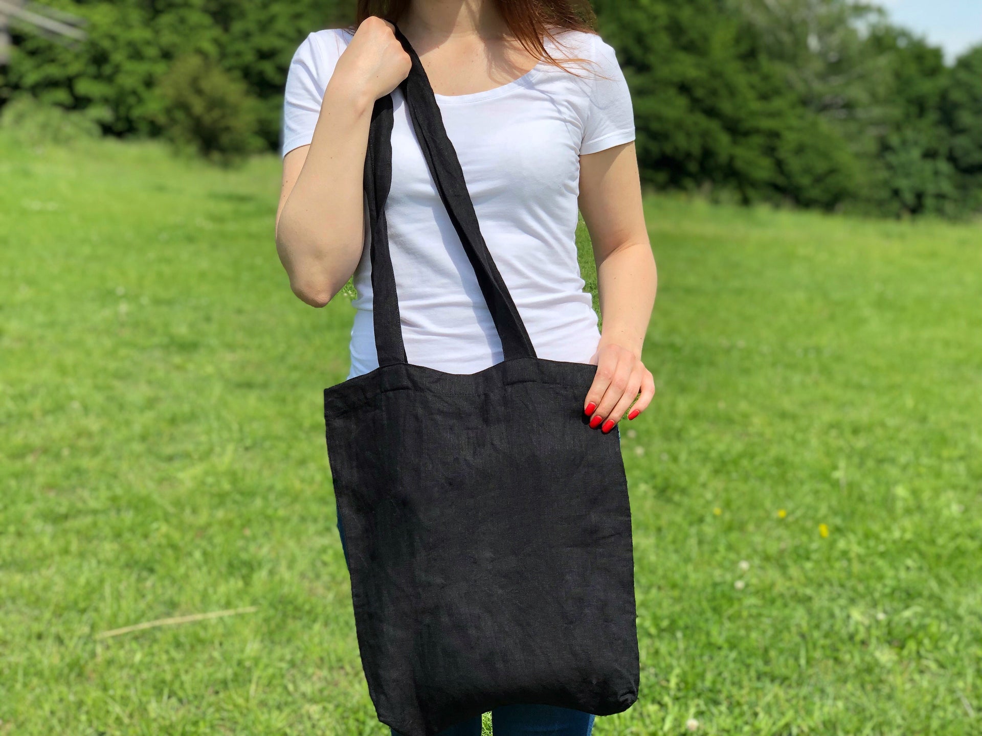 Reusable Grocery Shoulder Bag - Black Linen Shopping Tote - Everyday Tote  Bag
